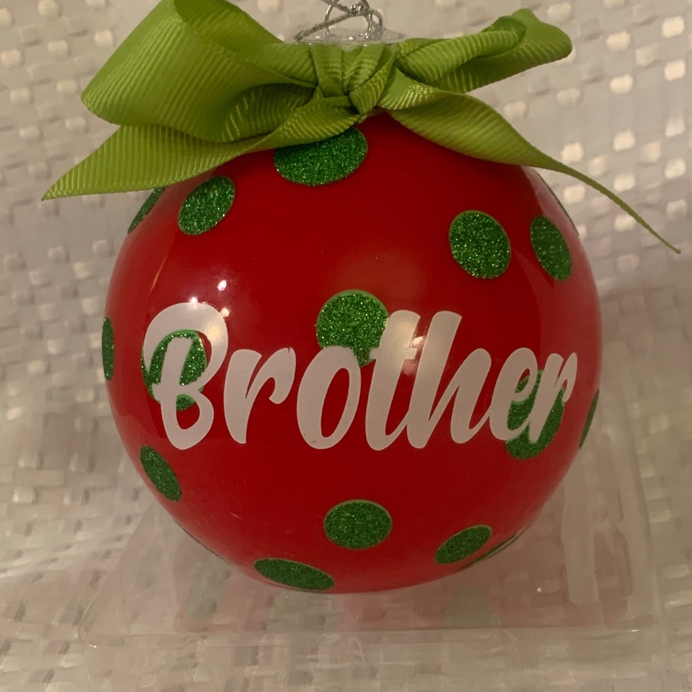 Red and Green polka dot Brother ornament. 4.5 inches high.
